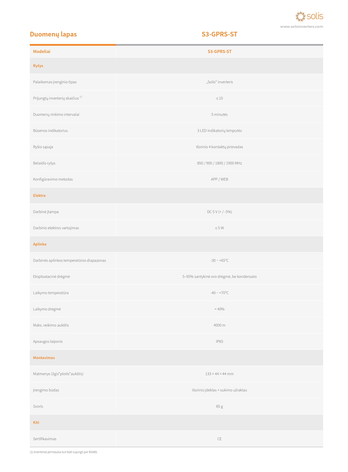 Solis WiFi Data Logger duomenų registratorius inverteriams datasheet